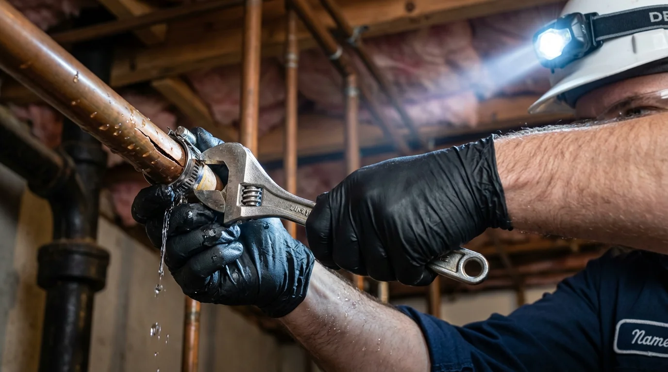 Emergency pipe clamp repair being performed by a Johns Plumbing LLC plumber in Wiggins
