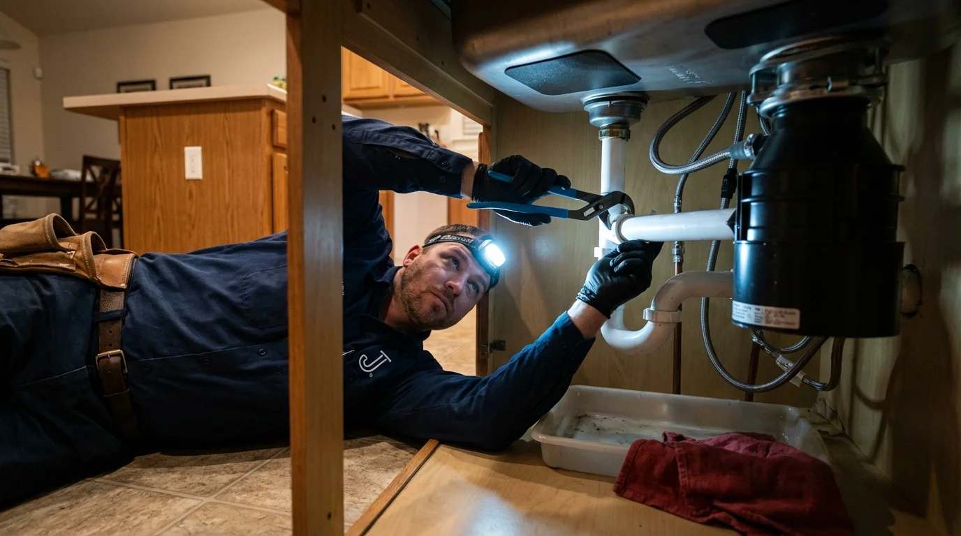 P-trap and supply line connections under a kitchen sink showing a common leak point in Wiggins, MS